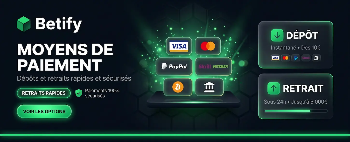 Betify Casino en France : moyens de paiement sécurisés, dépôts instantanés et retraits rapides disponibles.
